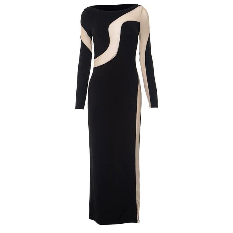 Mesh patchwork contrast irregular long sleeve maxi dress-final-sale