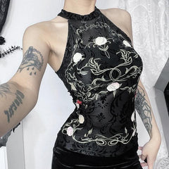 High neck ruffle print embroidery tank top-final-sale
