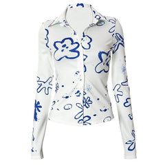 Turnover collar button contrast print long sleeve top-final-sale