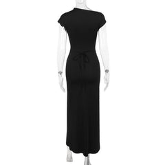Short sleeve ruched self tie high slit maxi dress
