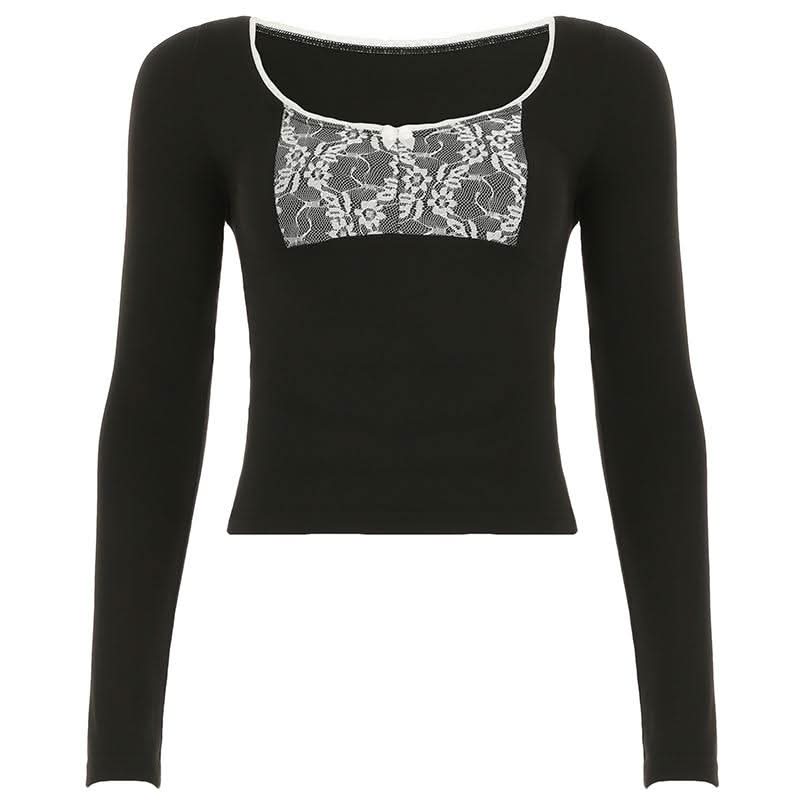 Long sleeve lace hem bowknot round neck top