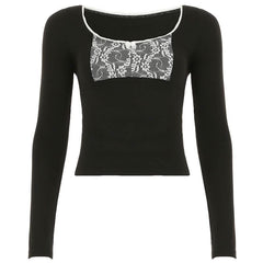 Long sleeve lace hem bowknot round neck top