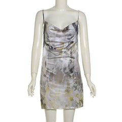 Cowl neck print backless contrast cami mini dress