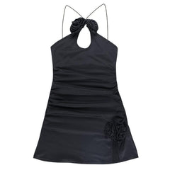 Ruched flower applique hollow out backless slit cut out mini dress-final-sale