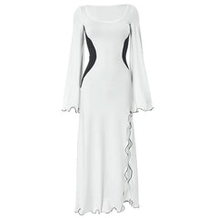 Long flared sleeve u neck slit ruffle maxi dress