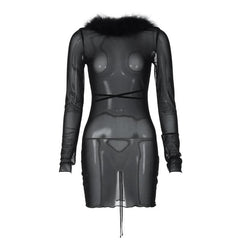 Long sleeve sheer mesh feather ruffle backless mini dress-final-sale