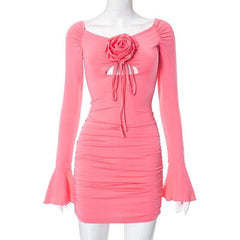 Flower applique hollow out ruched long flared sleeve cut out mini dress-final-sale