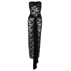 Lace ruched ruffle see through tube maxi dress-final-sale