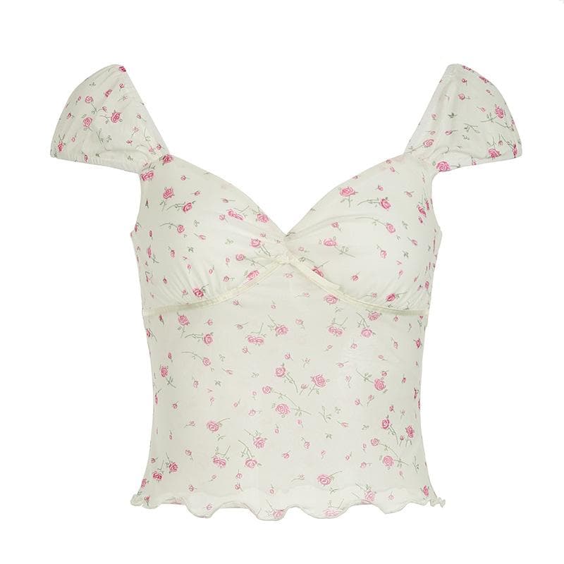 Short puff sleeve rose print lace hem ruched top