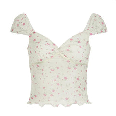 Short puff sleeve rose print lace hem ruched top