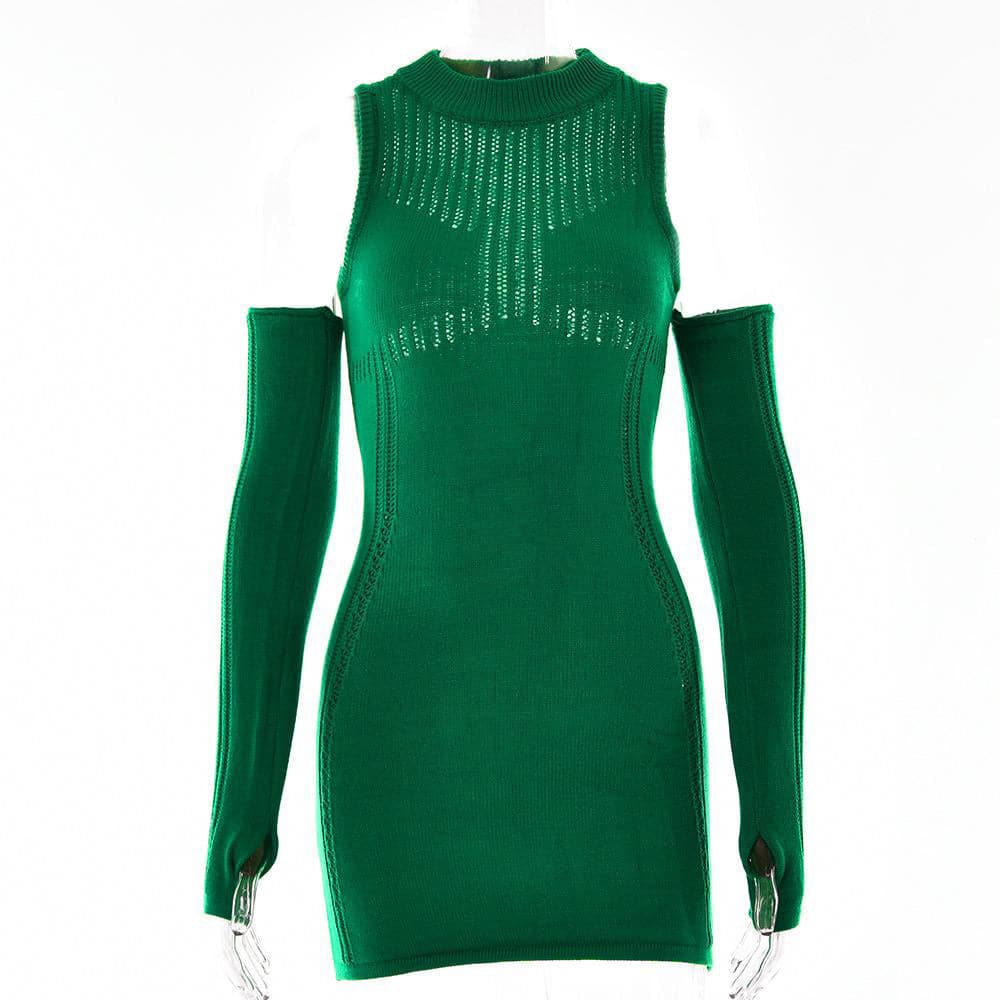 Long sleeve solid off shoulder crochet hollow out cut out mini dress - Final Sale
