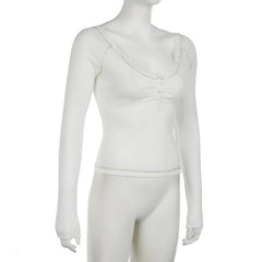 Long sleeve v neck lace hem button top
