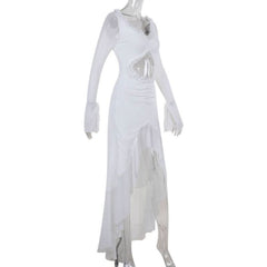 Hollow out long sleeve ruched ruffle mesh cut out maxi dress