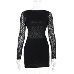 Lace solid long sleeve backless hollow out self tie cut out mini dress-final-sale