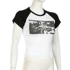 Short sleeve crewneck ribbed print top