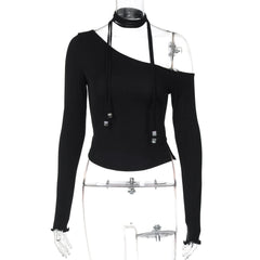 Halter one shoulder long sleeve beaded solid top