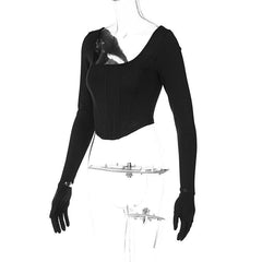 Long sleeve solid u neck gloves crop top-final-sale
