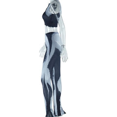 U neck zip-up print contrast crop pant set