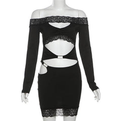 Long sleeve off shoulder lace hem hollow out cut out mini dress-final-sale
