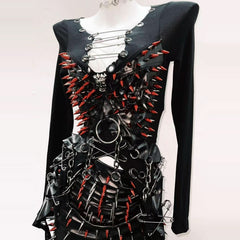 Long sleeve rivet metal chain PU leather top