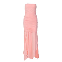 Ruched solid slit irregular backless tube maxi dress-final-sale