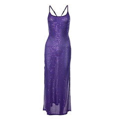 Glitter u neck see through backless cami maxi dress-final-sale