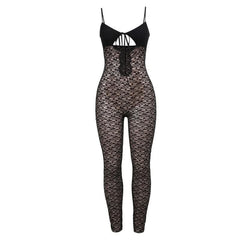 V neck hollow out solid lace cami jumpsuit-final-sale