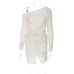 Textured off shoulder irregular long sleeve ruched slit mini skirt set-final-sale