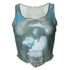 Sheer mesh u neck see through print sleeveless ruffle crop top-final-sale