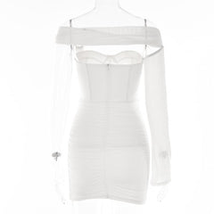 Solid one shoulder o ring hollow out mesh backless cut out mini dress