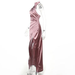 Ruched solid satin zip-up halter backless slit maxi dress-final-sale