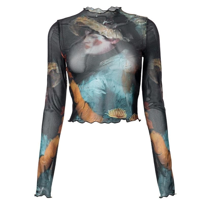 Long sleeve print sheer mesh ruffle crop top