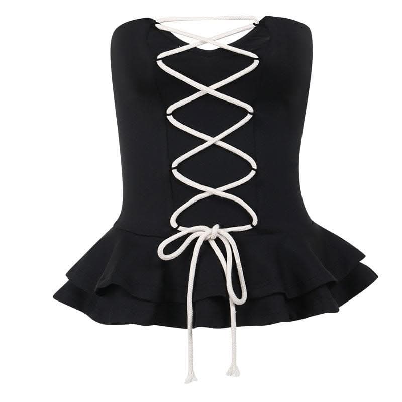 Lace up contrast ruffle corset notch neck tube crop top-final-sale