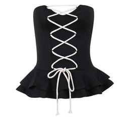 Lace up contrast ruffle corset notch neck tube crop top-final-sale