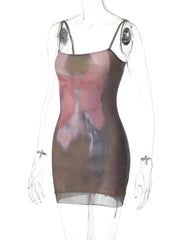 U neck print backless cami mini dress