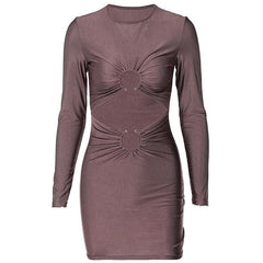 Long sleeve solid ruched o ring hollow out cut out mini dress