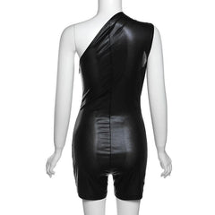 Irregular one shoulder metallic solid zip-up romper-final-sale