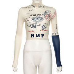 High neck print long sleeve contrast crop top