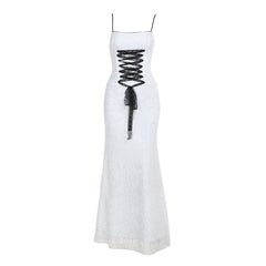 Lace backless lace up cami maxi dress