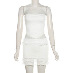 Lace hem backless ruffle tube mini skirt set