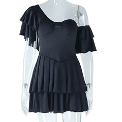 Off shoulder padded solid ruffle mini dress