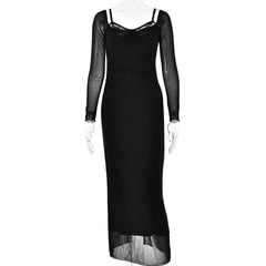 Patchwork lace mesh long sleeve zip-up slit solid maxi dress-final-sale