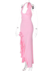 Halter flower applique ruffle ruched slit knotted maxi dress