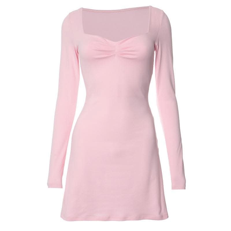 Square neck solid ruched long sleeve mini dress-final-sale