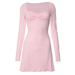 Square neck solid ruched long sleeve mini dress-final-sale