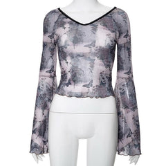 Long flared sleeve butterfly print sheer mesh top