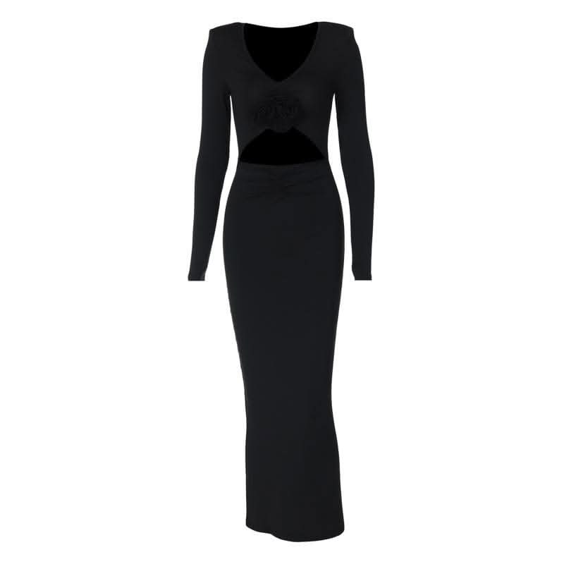 Long sleeve padded ruched flower applique hollow out cut out midi dress-final-sale
