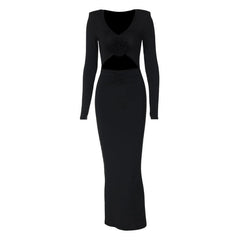 Long sleeve padded ruched flower applique hollow out cut out midi dress-final-sale