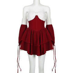 Fluffy sweetheart neck gloves fluffy self tie mini dress