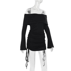 Long flared sleeve off shoulder drawstring mini dress
